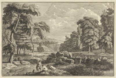 Paysage fluvial arcadien avec cinq femmes se baignant et un cerf - Adolf van der Laan