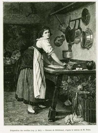 Préparation des nouilles. Gravure par Hildibrand, pour illustrer l