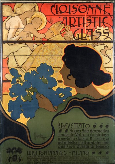 Affiche publicitaire pour Cloisonne Glass, avec une scène de nativité - Adolfo Hohenstein