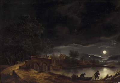 French : Pleine lune sur un village au bord d