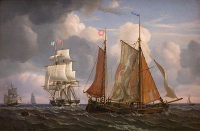 Navires naviguant et luttant contre le vent dans le détroit - Adolph Friedrich Vollmer