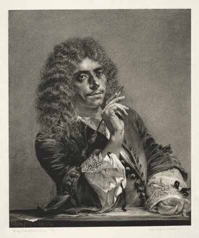 Essai sur pierre avec pinceau et grattoir : Portrait de Molière - Adolph Menzel