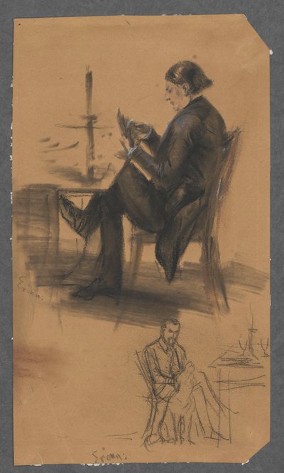 Un homme tenant des cartes à la main, assis à une table de jeu (en haut) ; un homme assis à une table, caressant un chien (en bas) - Adolph Menzel