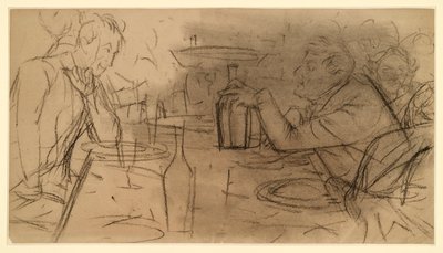 Deux hommes assis face à face à une table de bistrot, en pleine conversation - Adolph Menzel