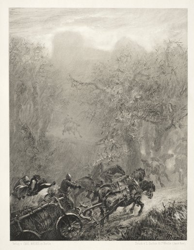 Essai sur pierre avec pinceau et grattoir : Le convoi de prisonniers à travers une forêt - Adolph Menzel