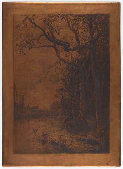 Plaque de cuivre gravée "Paysage avec des canards" par Adolphe Appian - Adolphe Appian