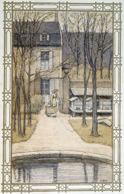 Vie des abeilles : apiculteur et ses ruches - dessin par A. Giraudon - Adolphe Giraudon