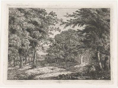 Paysage avec chapelle entre les arbres et moine lisant - Adriaan Jacob Willem van Dielen