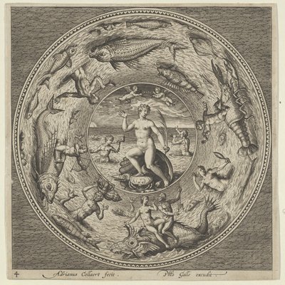 Conception pour une assiette avec Galatée sur une coquille flanquée de trompettistes dans une bordure de médaillon - Adriaen Collaert