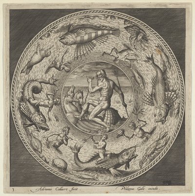 Design pour une Assiette avec Neptune dans une Coquille Tirée par des Chevaux dans un Médaillon Bordé par..., vers 1600 - Adriaen Collaert