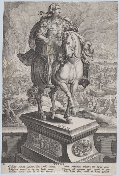 Planche 11 : statue équestre de Titus, vue aux trois quarts à droite, Mont Vésuve, vers 1587-89 - Adriaen Collaert