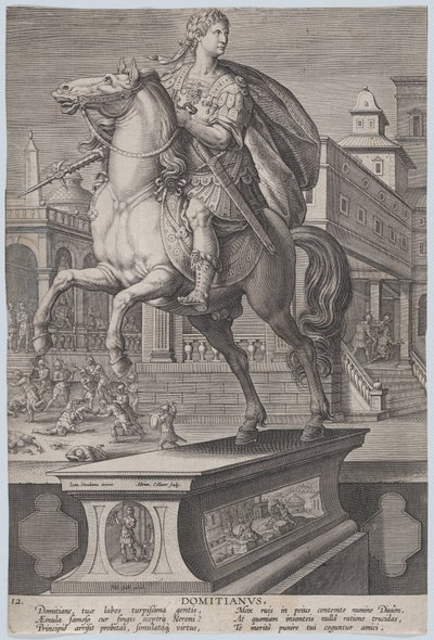 Plaque 12: statue équestre de Domitien, vue aux trois quarts à gauche - Adriaen Collaert