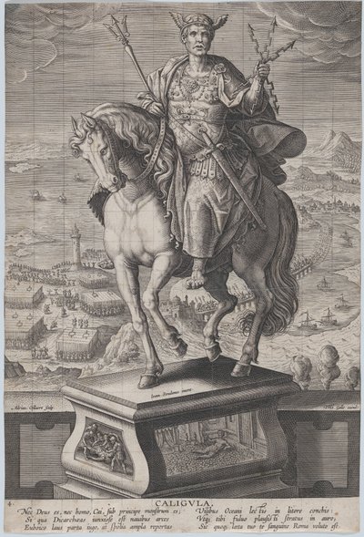 Planche 4 : statue équestre de Caligula, vue aux trois quarts à gauche, portant un..., vers 1587-89 - Adriaen Collaert