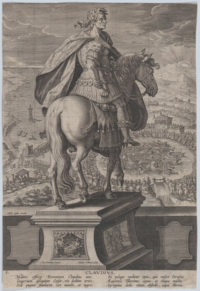 Planche 5 : statue équestre de Claude, vue de derrière, une compétition navale à Rome, vers 1587-89 - Adriaen Collaert