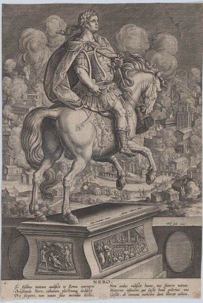 Statue équestre de Néron vue de dos, le Grand Incendie de Rome - Adriaen Collaert