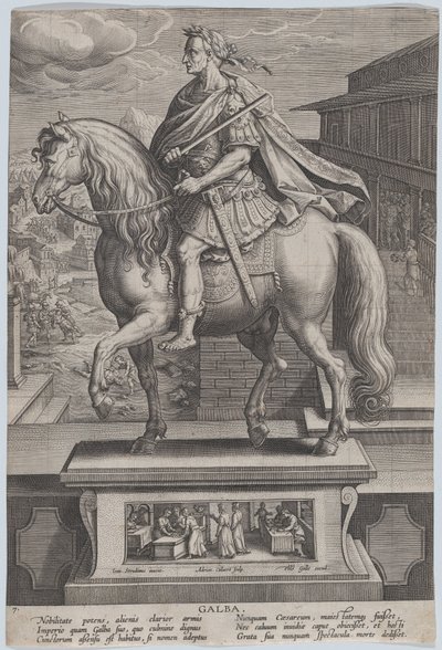 Statue équestre de Galba, de profil à gauche, avec une scène de décapitation, vers 1587-89 - Adriaen Collaert