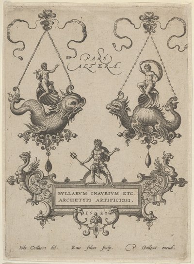 Planche de titre avec deux pendentifs au-dessus et Neptune debout sur un cartouche en dessous, 1582 - Adriaen Collaert
