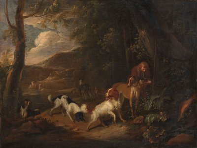 Chasseur avec chiens à la lisière d