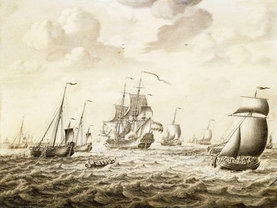 Un navire de guerre hollandais tirant une salve - un Penschilderij - Adriaen van Salm