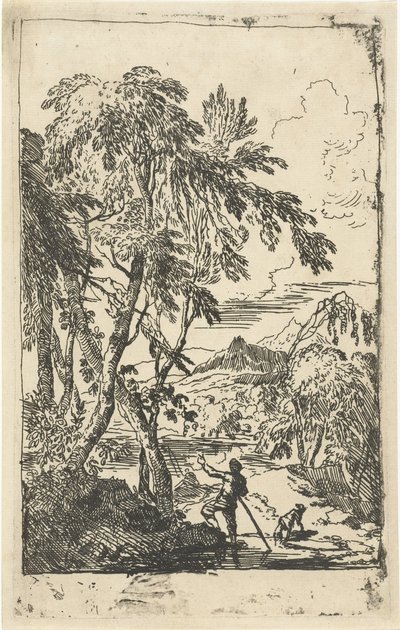 Paysage montagneux avec arbres et homme avec chien - Adriaen van Diest