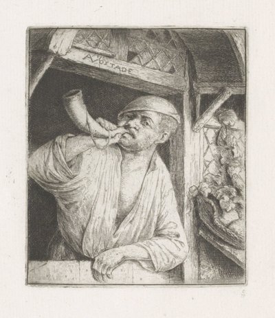 Boulanger soufflant dans une corne à une porte - Adriaen van Ostade
