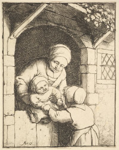 Petite fille jouant avec un bébé dans les bras de sa mère - Adriaen van Ostade