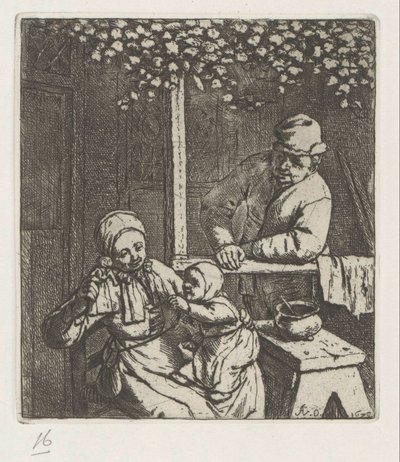 Mère avec enfant sur les genoux tendant la main vers une poupée - Adriaen van Ostade