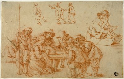 Esquisses de paysans jouant aux dés et patinant; Esquisse de garçon sur une luge - Adriaen van Ostade