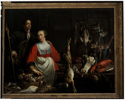 Un garde-chasse avec un fusil de chasse et une servante tenant un lièvre mort dans un garde-manger - Adriaen van Utrecht