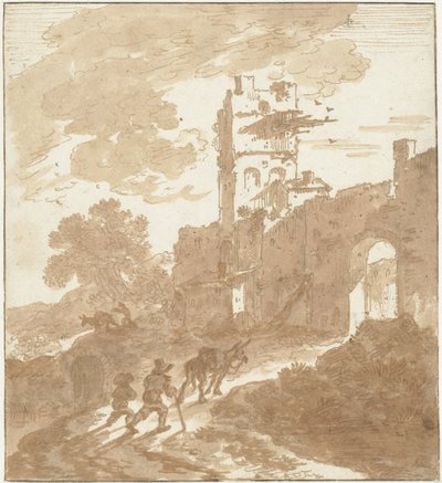 Paysage italianisant avec un chemin menant à une porte de ville - Adriaen van der Kabel