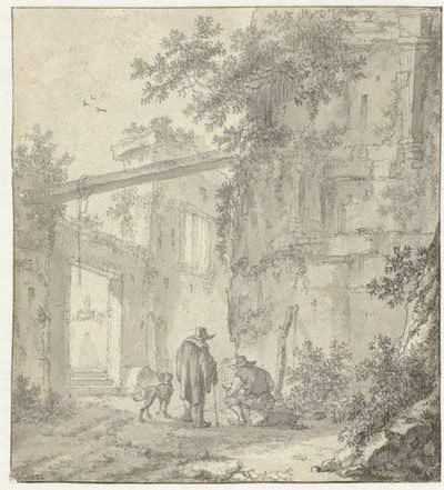 Vue des ruines antiques avec un dessinateur, son compagnon et un chien - Adriaen van der Kabel