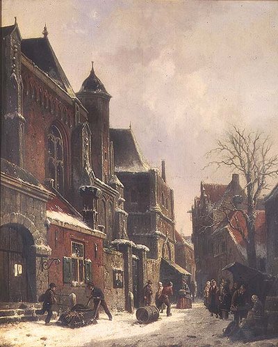 Scène de rue hollandaise avec des personnages près d
