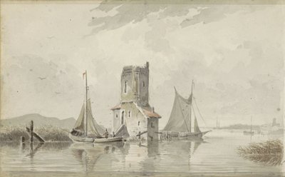 Paysage fluvial avec une tour - Adrianus Eversen