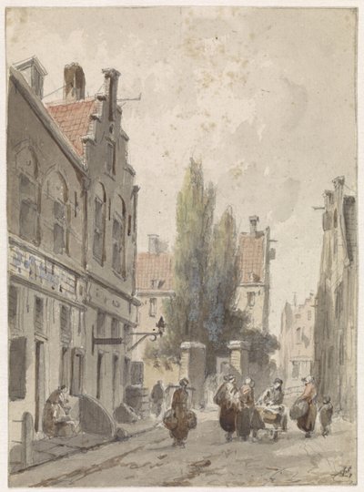 Vue de la ville avec un colporteur - Adrianus Eversen
