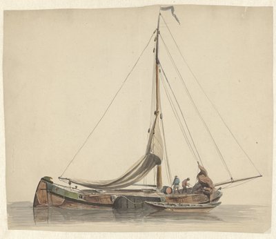 Deux hommes travaillant sur une péniche à voiles abaissées - Adrianus Eversen