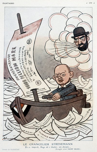Caricature sur le chancelier allemand Gustav Stresemann (1878-1929) et la dévaluation du mark - Illustration par Adrien Barrère (1877-1931) dans "Fantasio" du 01/11/1923 - Adrien Barrere