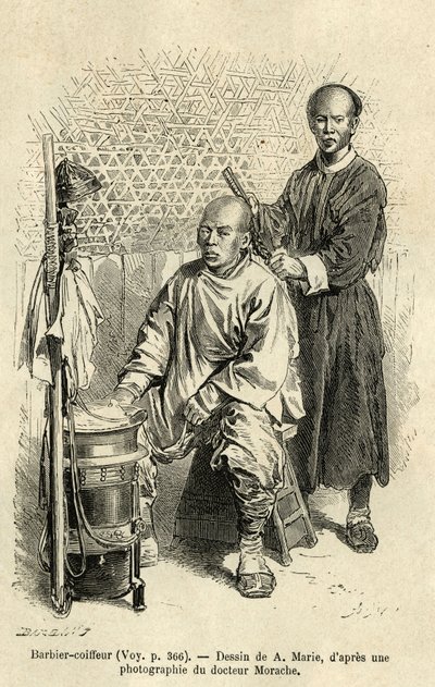 Un barbier en plein travail, un banc et une boîte en bois cylindrique avec compartiments et un bol composent son équipement de voyage. Gravure pour illustrer le voyage à Pékin et en Chine du Nord, par T.Choutze, en 1873, publiée dans "Le tour du monde" - Adrien Emmanuel Marie