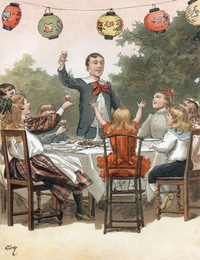 Un jeune garçon fait un discours, des enfants trinquent, illustration par Adrien Marie dans le livre Tout à la joie de Zari, publication Émile Guérin 1890 - Adrien Emmanuel Marie