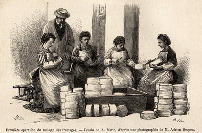La première opération de grattage des fromages, huit jours après la cave, le duvet qui a poussé sur la surface du fromage est enlevé pour permettre un meilleur contact avec l