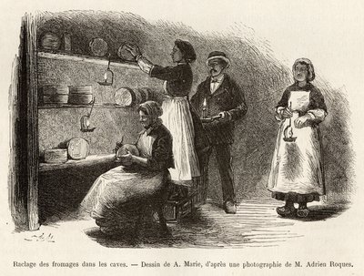 Le raclage et le piquage des fromages, après la cave tous les huit jours, ces opérations facilitent la fermentation et la formation de marbrures bleues dans le Roquefort, gravure d