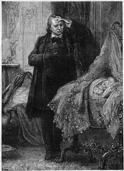 Victor Hugo observant un enfant dormant dans son berceau. Illustration de "Histoire d