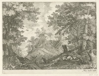Paysage forestier avec deux chasseurs et un chien - Egidius  Sadeler (II)