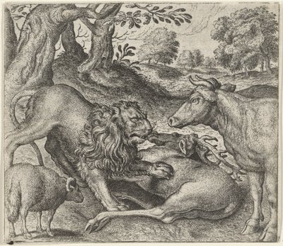 Fable du lion, de la vache et du mouton à la chasse - Egidius  Sadeler (II)
