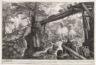 Huit paysages bohèmes : Paysage avec pont de rondins sur une cataracte - Aegidius Sadeler