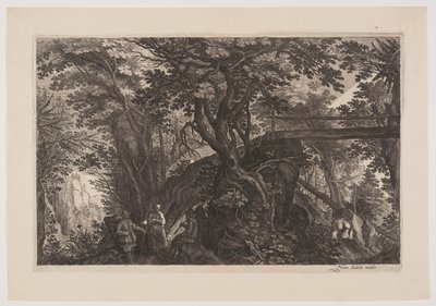 Forêt avec un pont en bois à droite, extrait de Huit scènes de Bohême - Aegidius Sadeler II