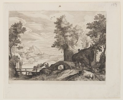 Paysage fluvial avec un pont en pierre et un pont en bois - Aegidius Sadeler II