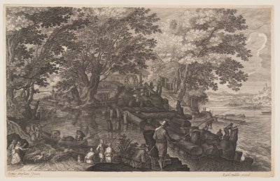 Scène 1 : Moulin à eau sur une île dans une rivière avec des hommes qui pêchent, extrait de Huit scènes de Bohême - Aegidius Sadeler II