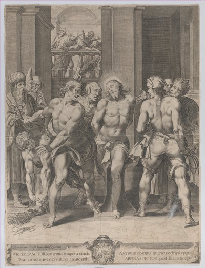 La flagellation du Christ, avec des flagelleurs de chaque côté et des figures regardant d