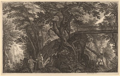 Paysage forestier avec deux hommes et une femme se reposant près d
