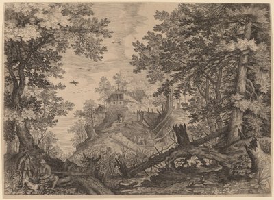 Scène boisée avec deux chasseurs et un chien à gauche - Aegidius Sadeler II after Roelandt Savery